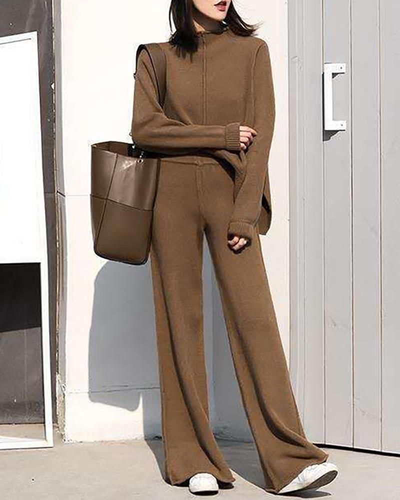 

Cable Knit Long Sleeve Top & Straight Pants Set, Coffee