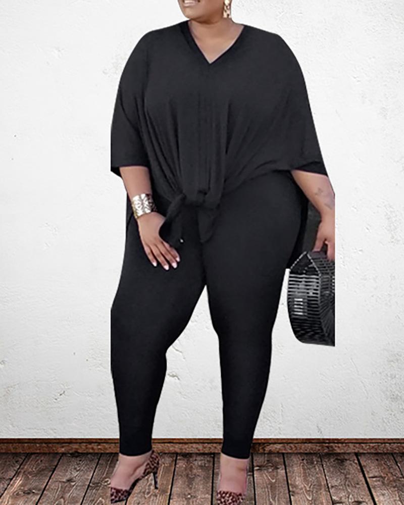 

Plus Size Plain Side Slit Top & High Waist Pants Set, Black