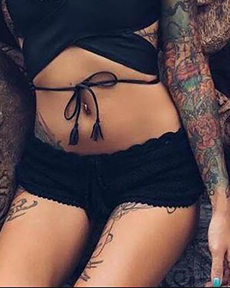 

Drawstring Waist Knitted Bikini Shorts, Black