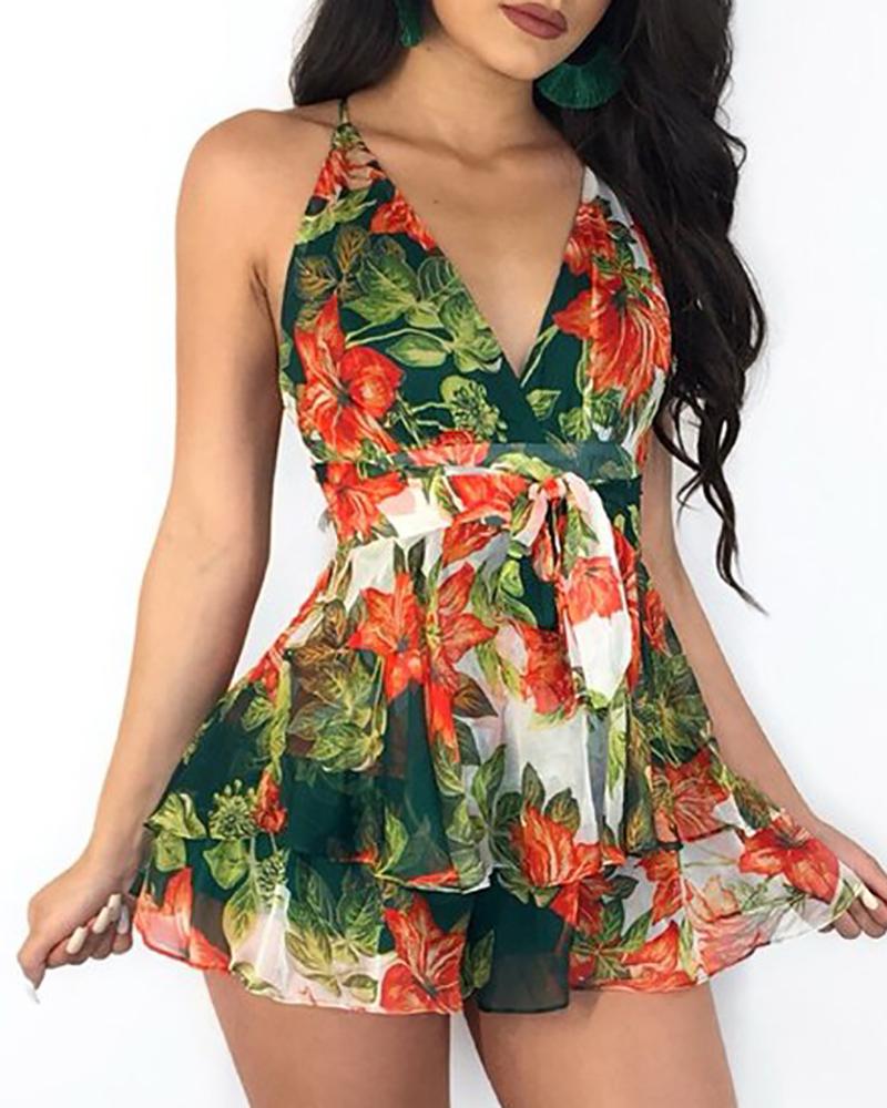 

Floral Print V Neck Ruffles Hem Romper, Green