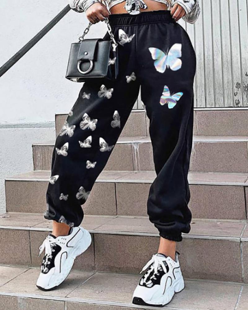 

Butterfly / Moon Star Print Colorblock Casual Pants, Style2