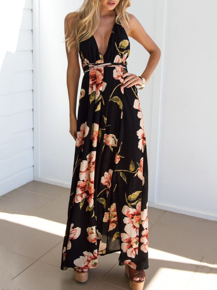 floral print backless maxi dress