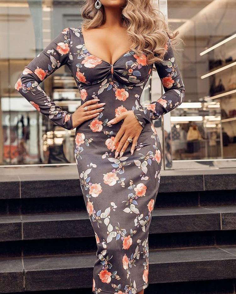 floral bodycon dress with sleeves