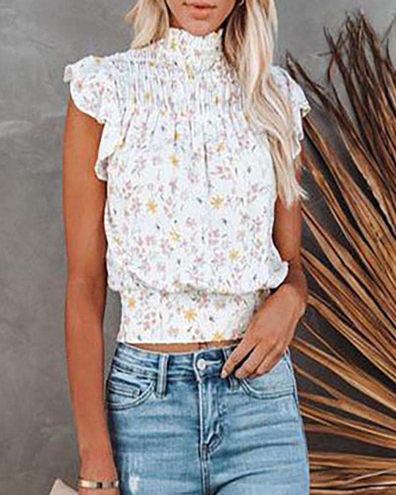 

Floral Print Short Sleeve Mock Neck Blouse, White