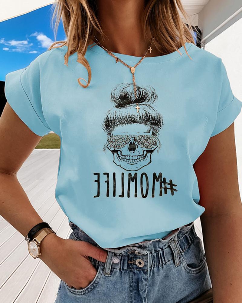 

Figure/Letter Print Cuff Sleeve T-Shirt, Blue