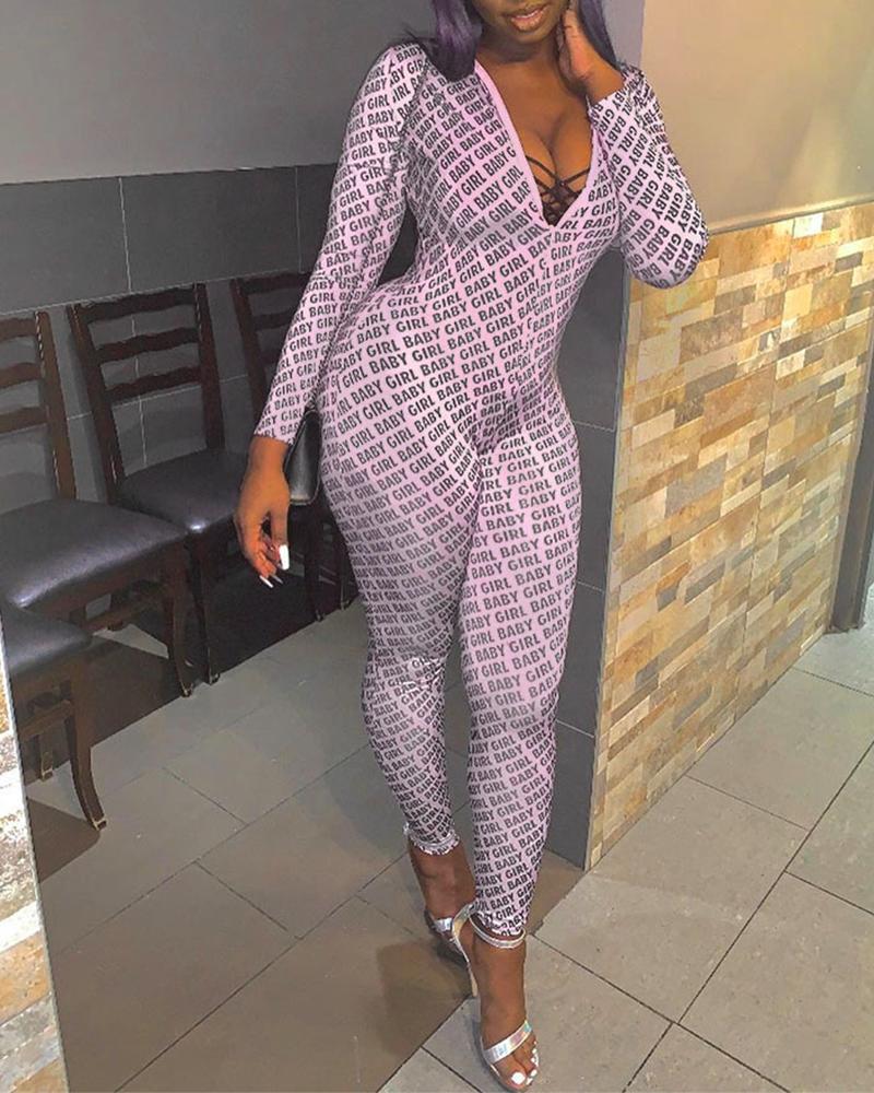 

Letter Print Long Sleeve Skinny Jumpsuit, Pink