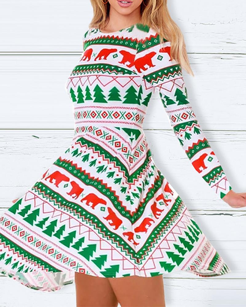 

Christmas Mixed Print Long Sleeve Dress, White