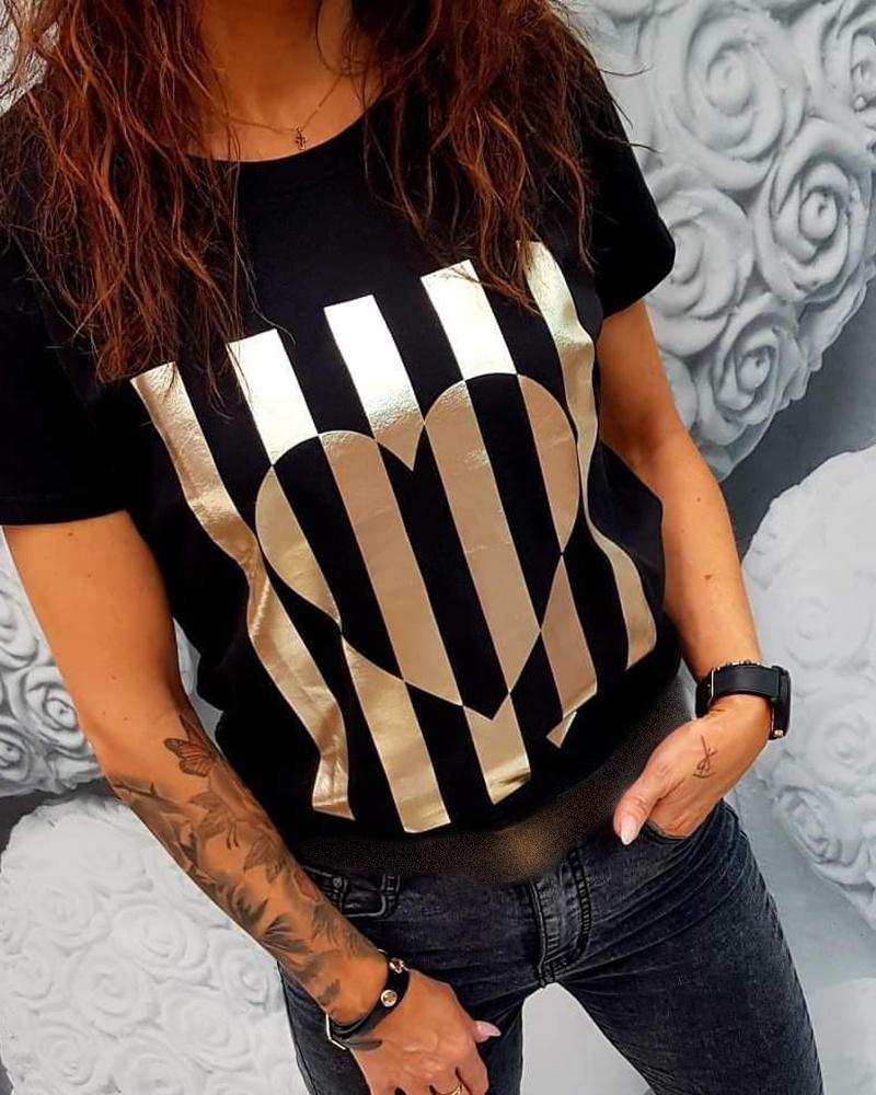 

Heart Pattern Striped Short Sleeve T-shirt, Black