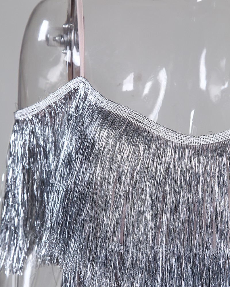 glitter cold shoulder tassel dress