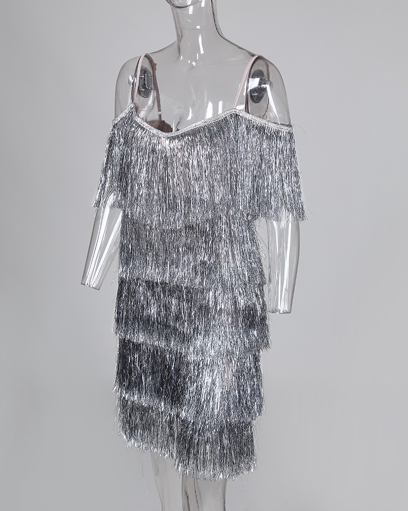 white and silver tassel dress