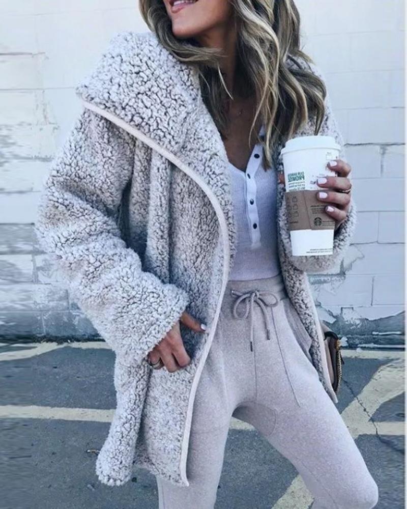 

Plain Long Sleeve Hooded Teddy Coat, Gray