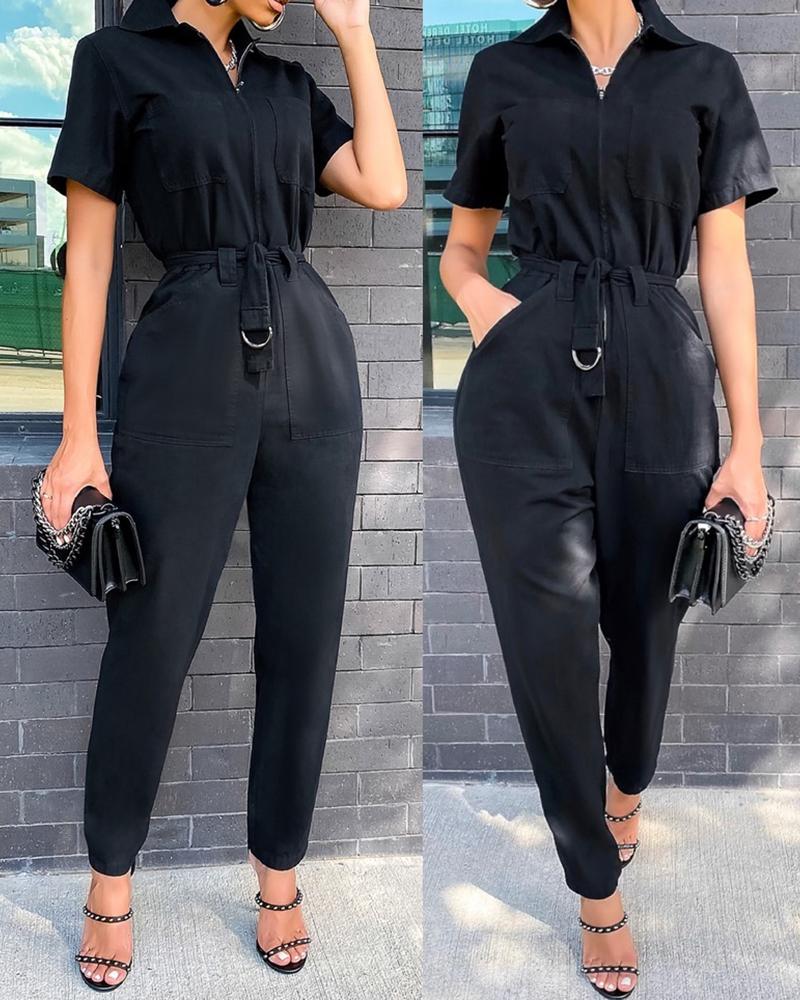 

Pocket Design Short Sleeve Cargo Jumpsuit With Belt, Black