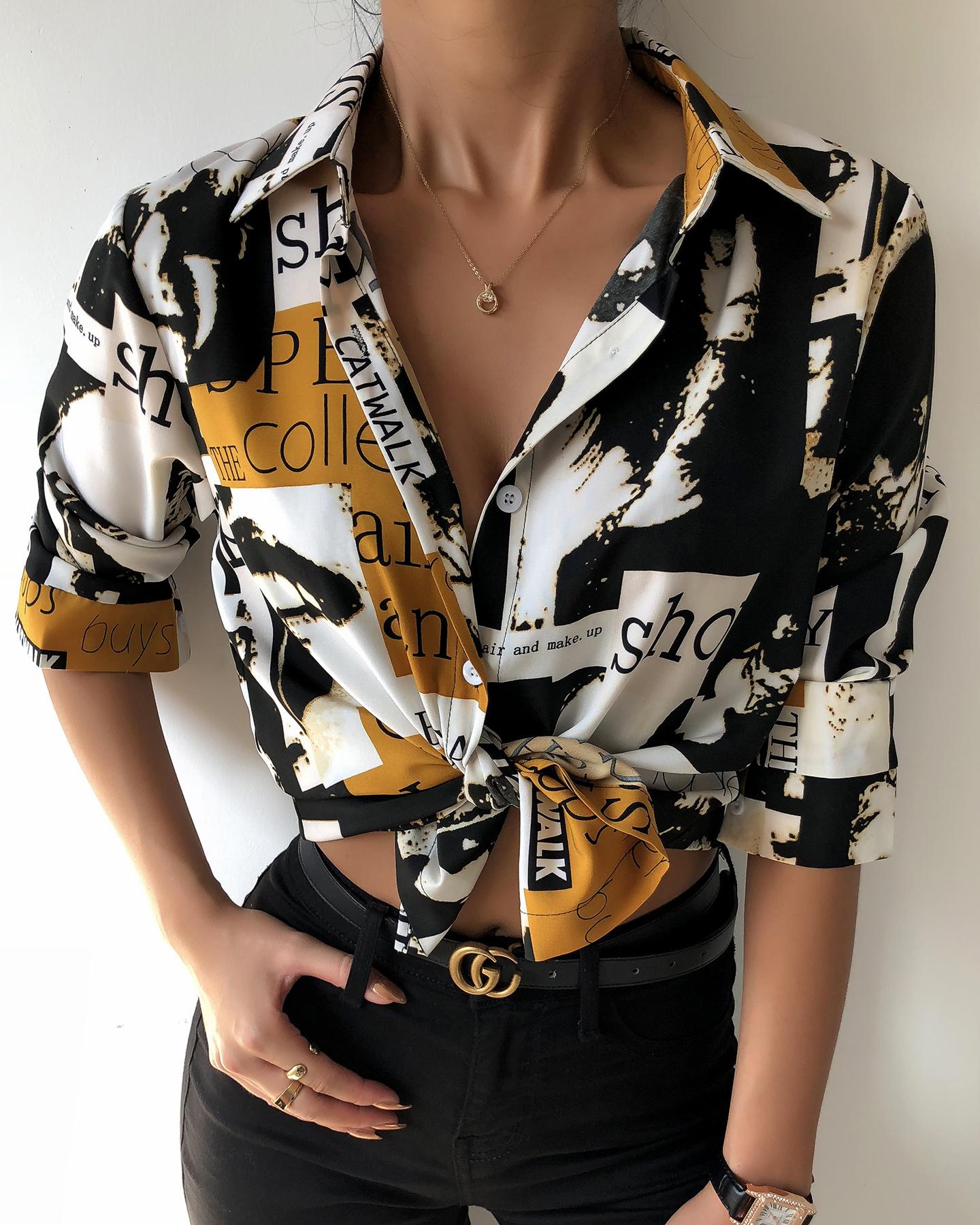 

Letter Print Colorblock Long Sleeve Shirt, Yellow