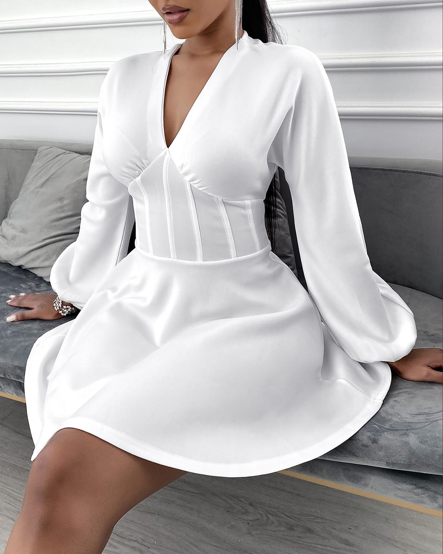 

Lantern Sleeve Satin Casual Dress, White