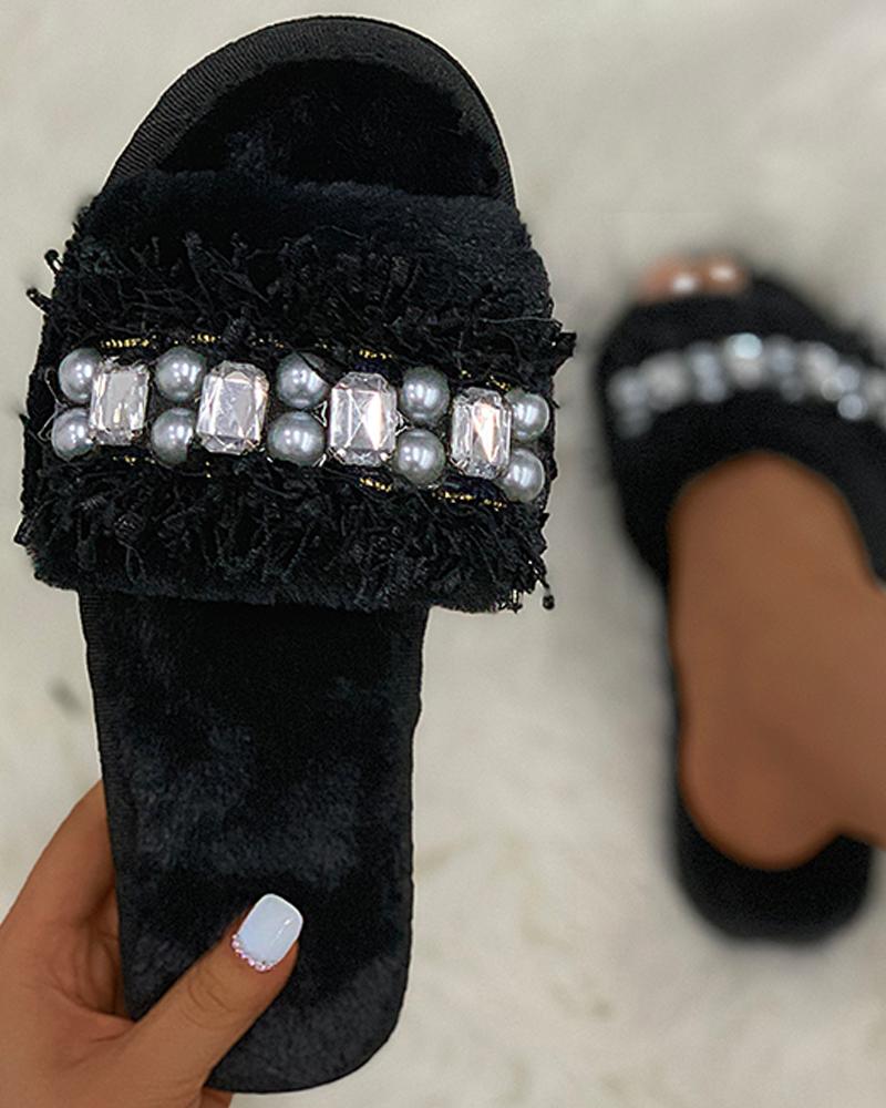 

Beaded Rhinestone Tassel Design Fluffy Slippers, Black