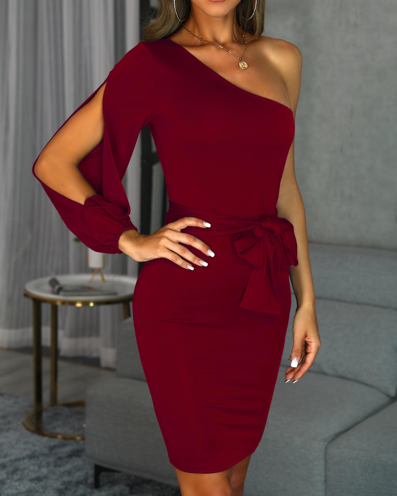 one shoulder long sleeve bodycon dress