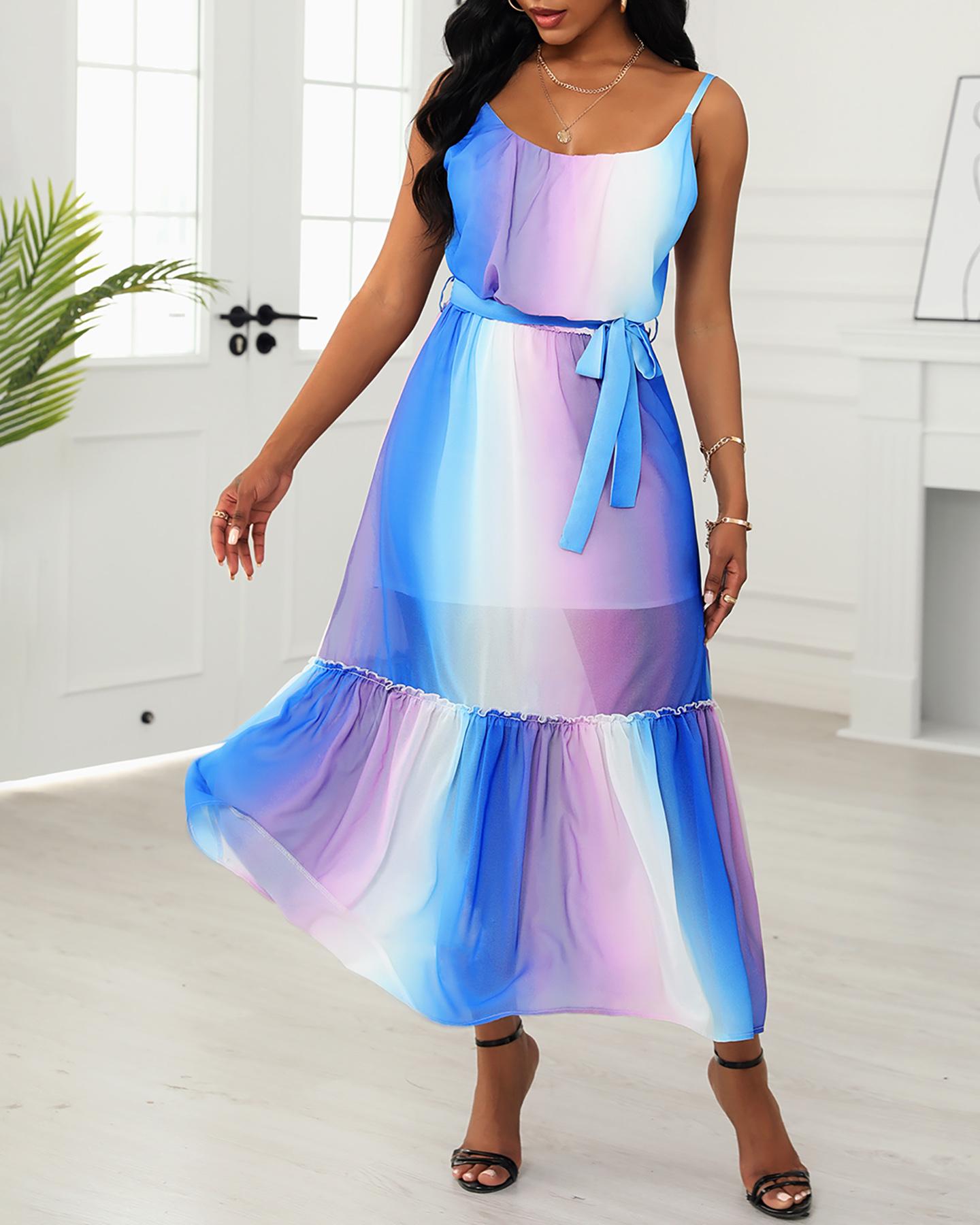 

Gradient Color Ruffle Hem Backless Cami Maxi Dress, Blue