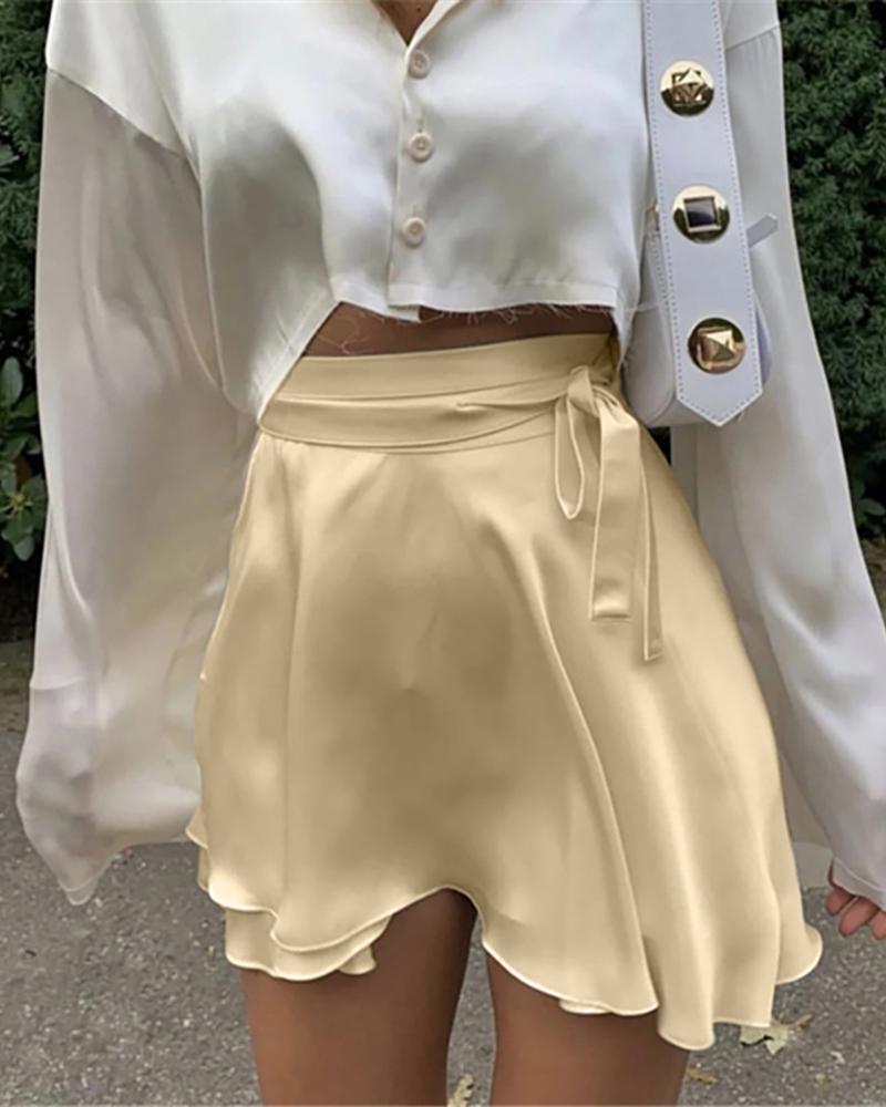

Lace Up Design Plain High Waist Skirt, Khaki