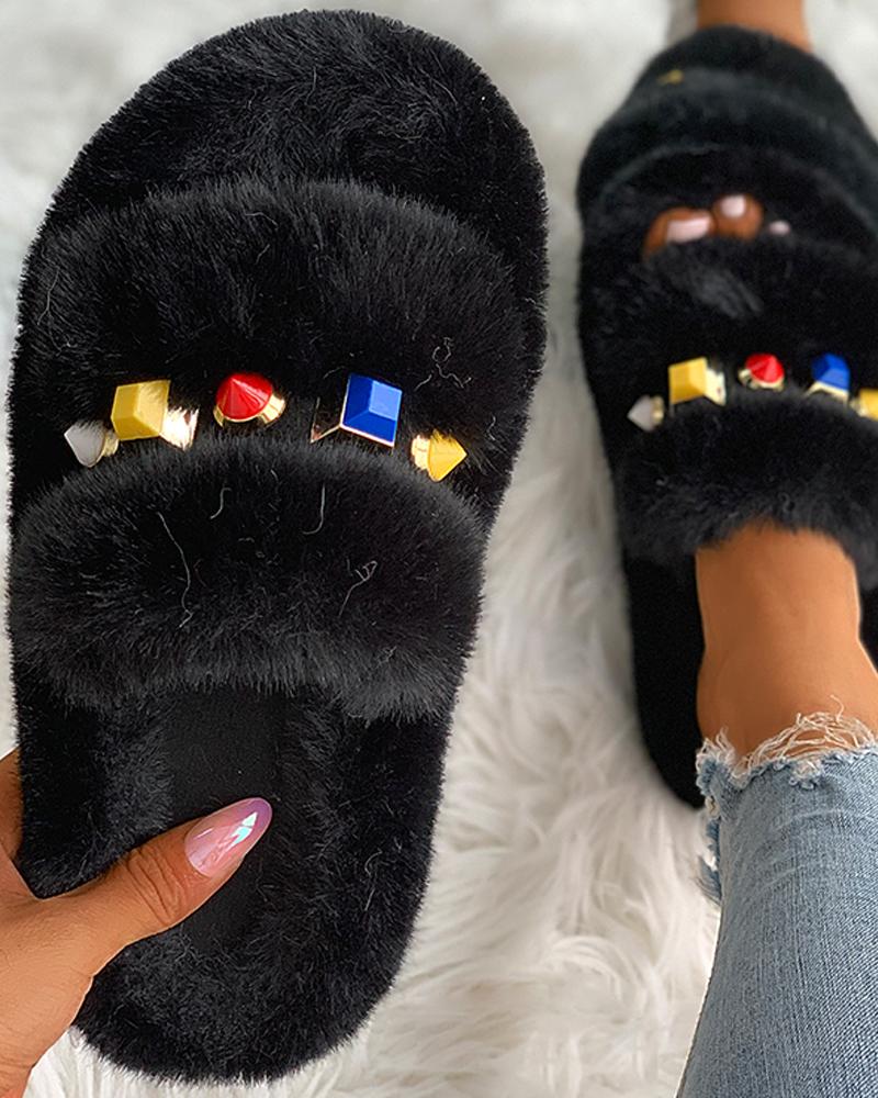 

Colorful Rhinestone Peep Toe Fluffy Slipper, Black