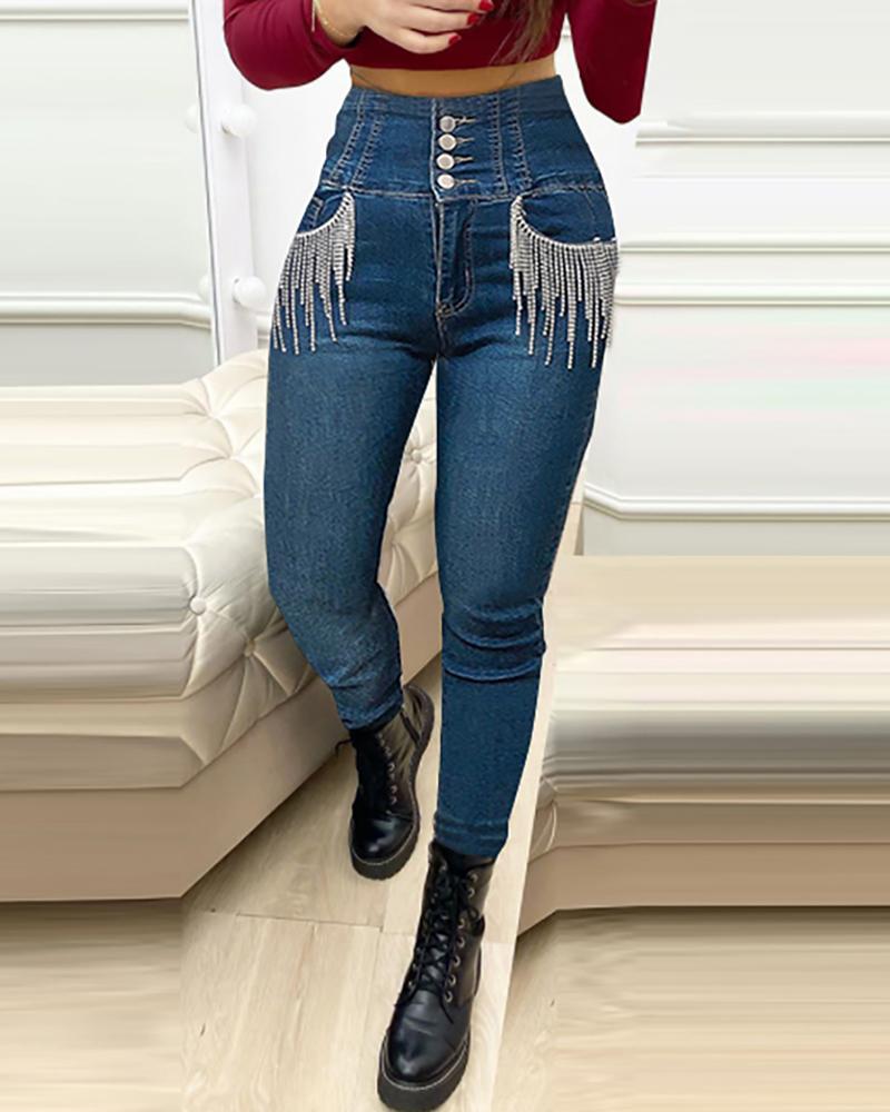 

Tassel Design Buttoned High Waist Jeans, Blue