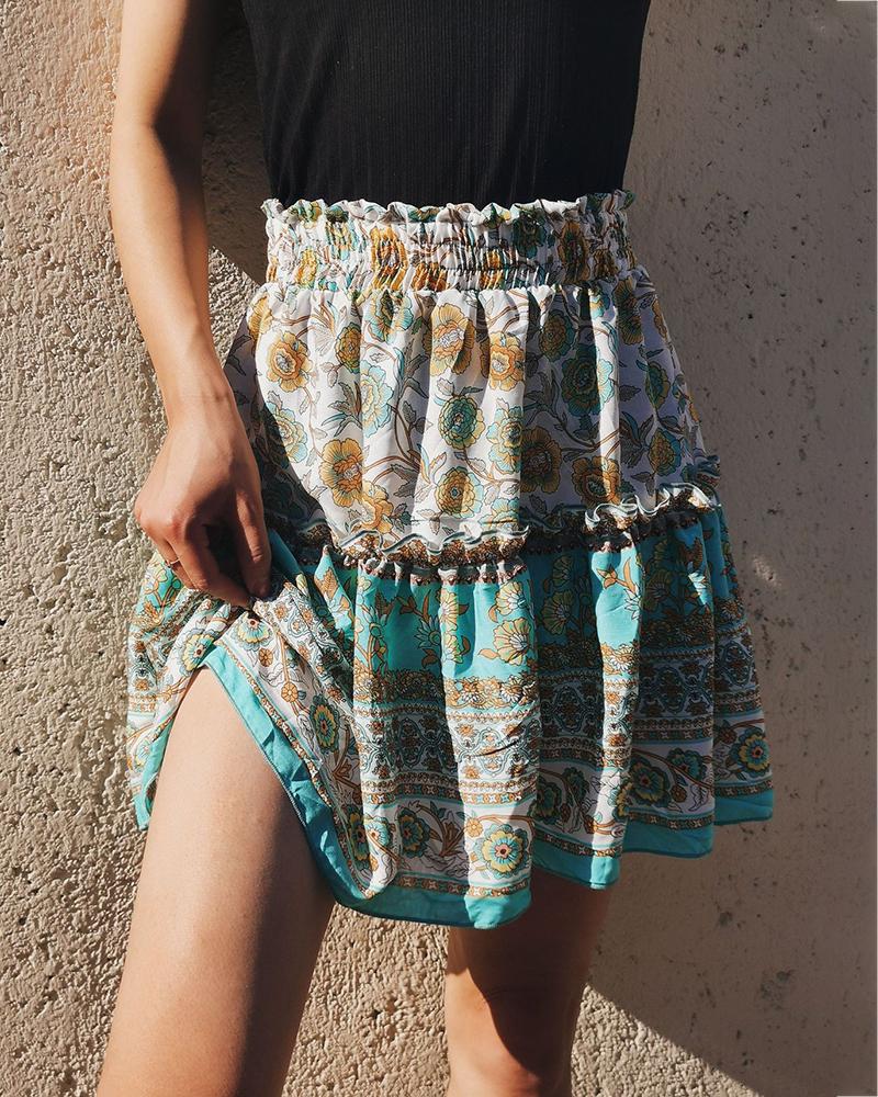 

Floral Print Frill Hem Casual Skirt, Light blue