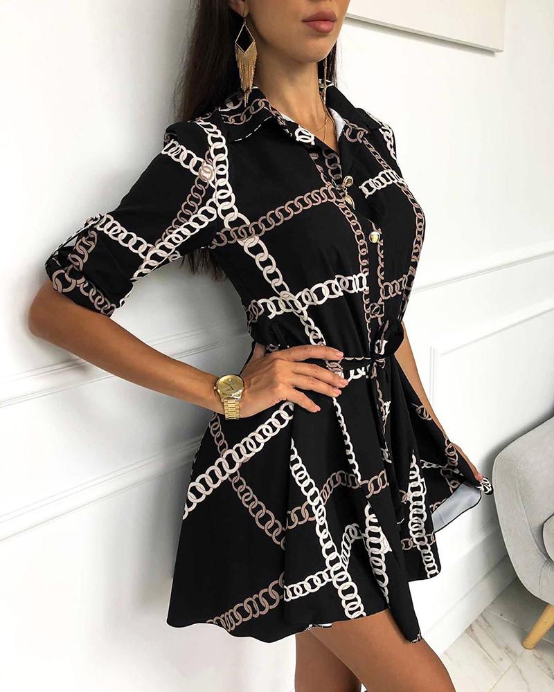 

Chain Print Button Design Shirt Dress, Black