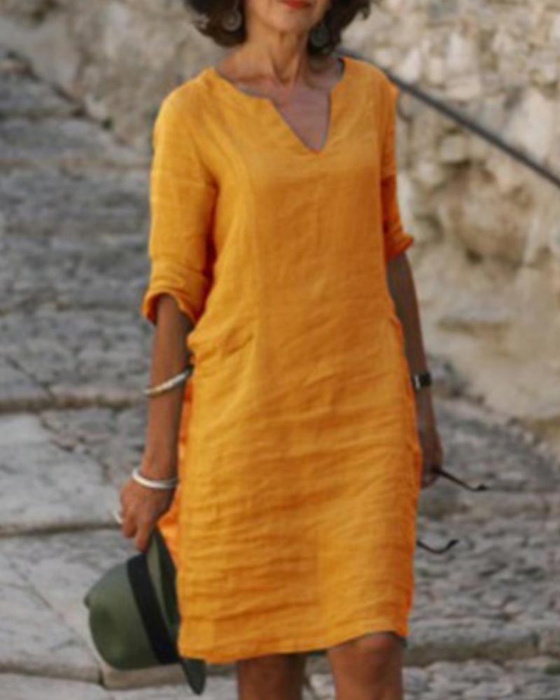 

Knee Length Dress Half Sleeve Shift Dress Plain Casual Dress, Yellow