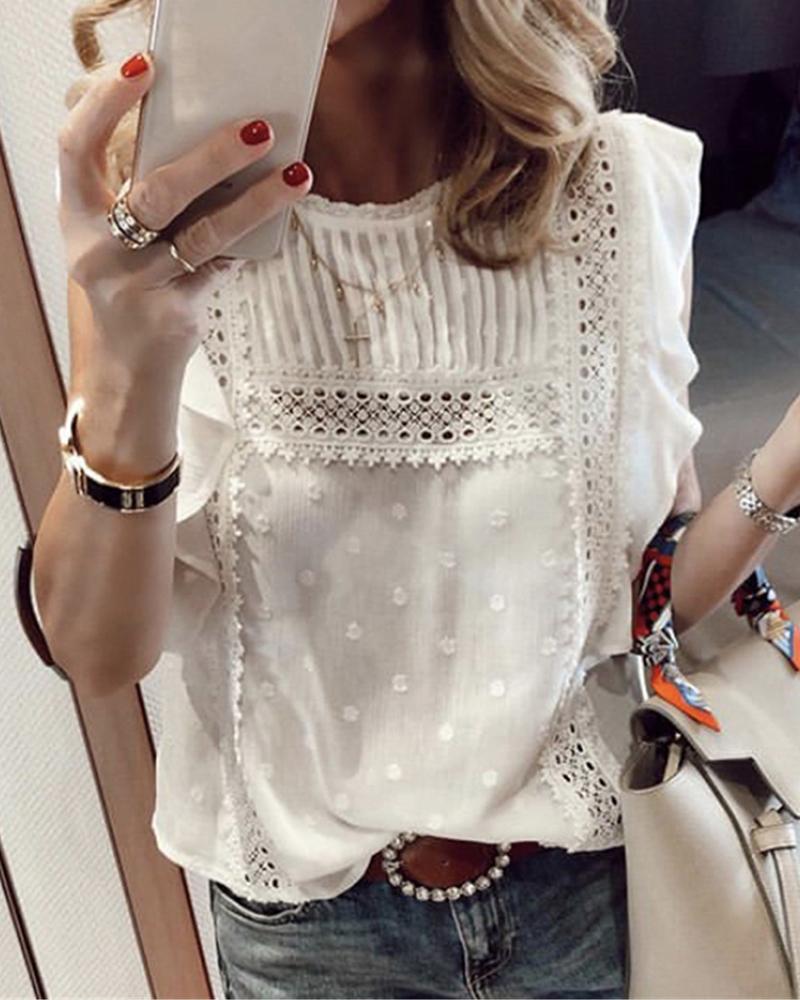 

Swiss Dots Crochet Lace Ruffles Sleeve Blouse, White