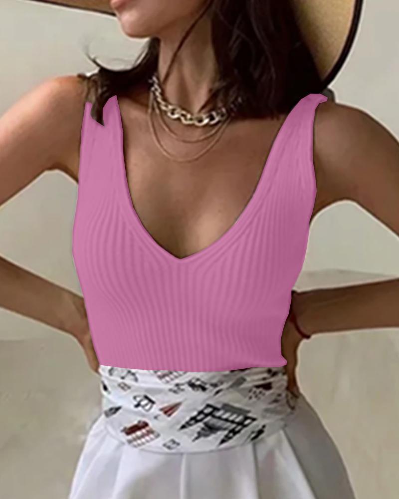 

Thin Strap V-Neck Ribbed Crop Top, Purple