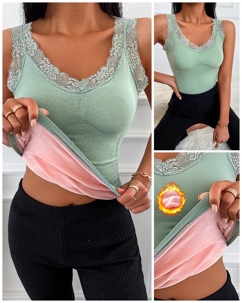 

Sleeveless Lace Trim Padded Fleece Lined Underwear Thermal Vest, Green