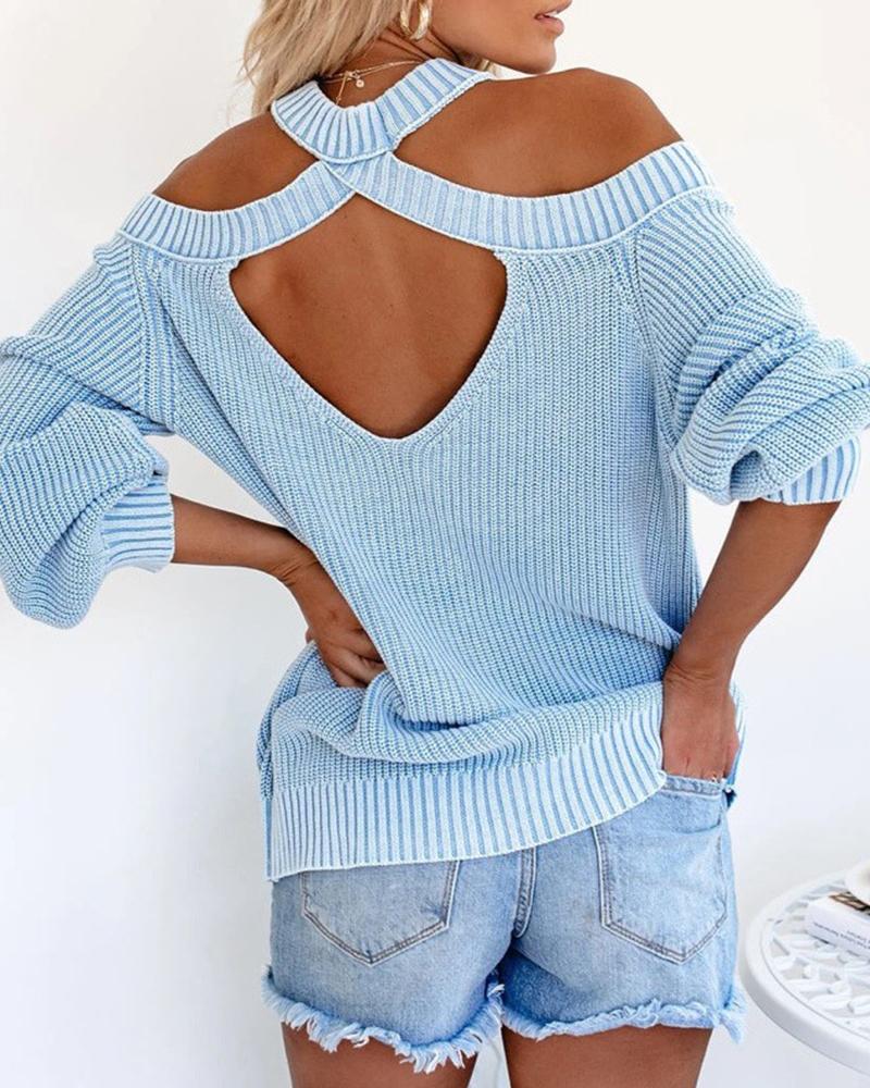 

Solid Halter Cut Out Sweater, Blue