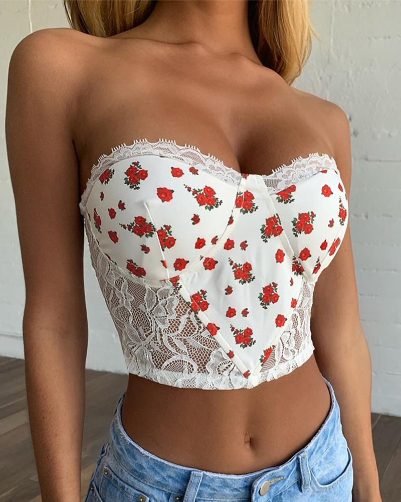 

Off Shoulder Floral Print Crop Top, White