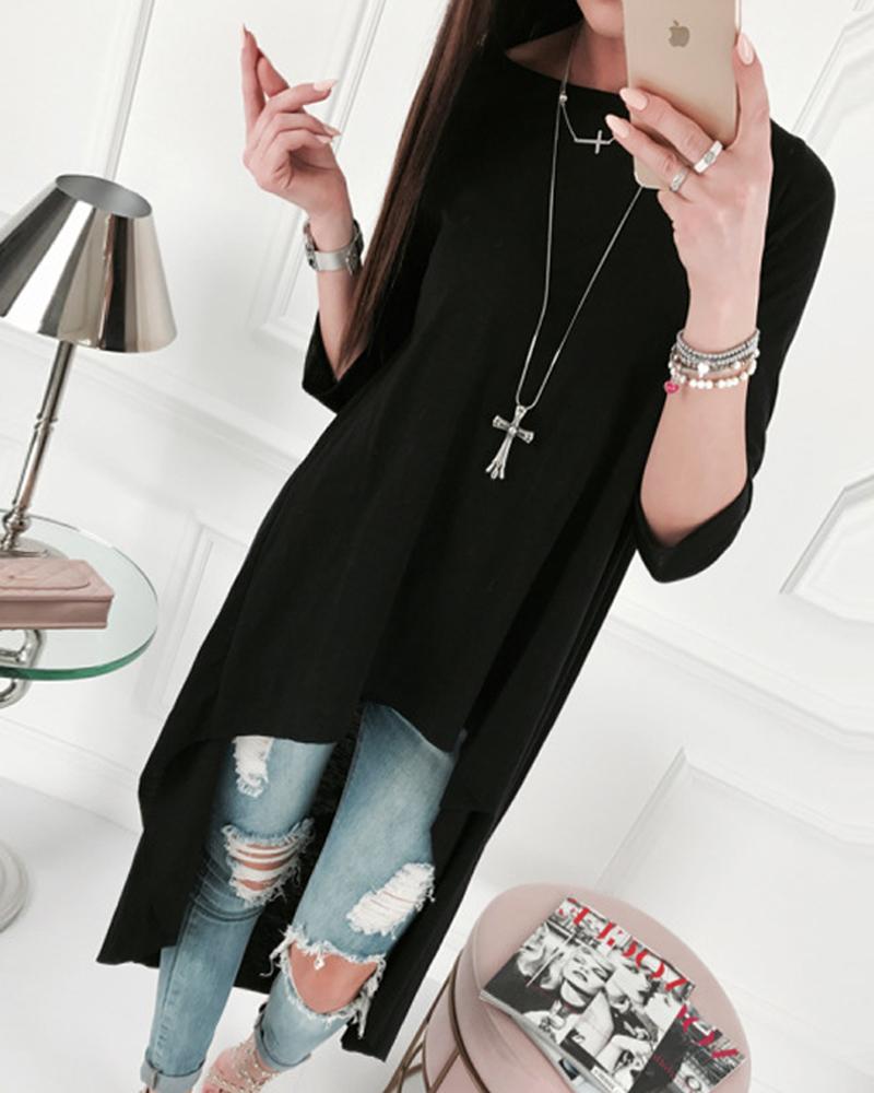 

Round Neck Long Sleeve Irregular Bamboo Long T-shirt Top, Black