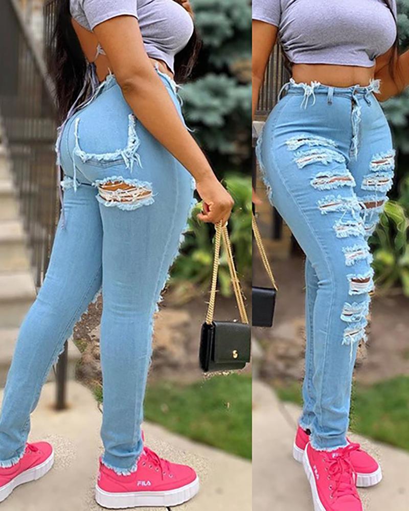 

Fringe Hem Cutout Ripped Denim Pants, Blue