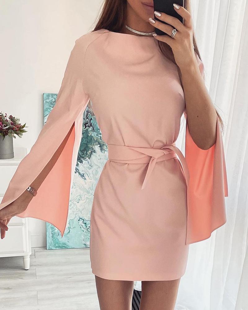 

Plain Slit Design Sleeve Work Dress, Pink