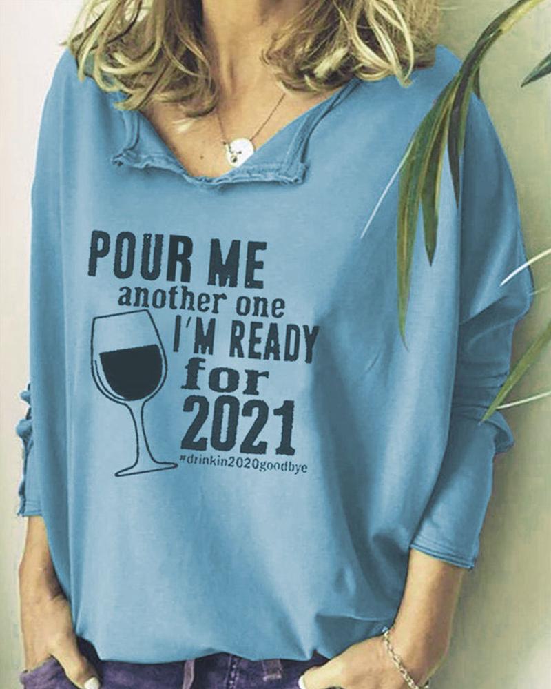 

Letter And Wine Glass Print Long Sleeve Blouse, Light blue