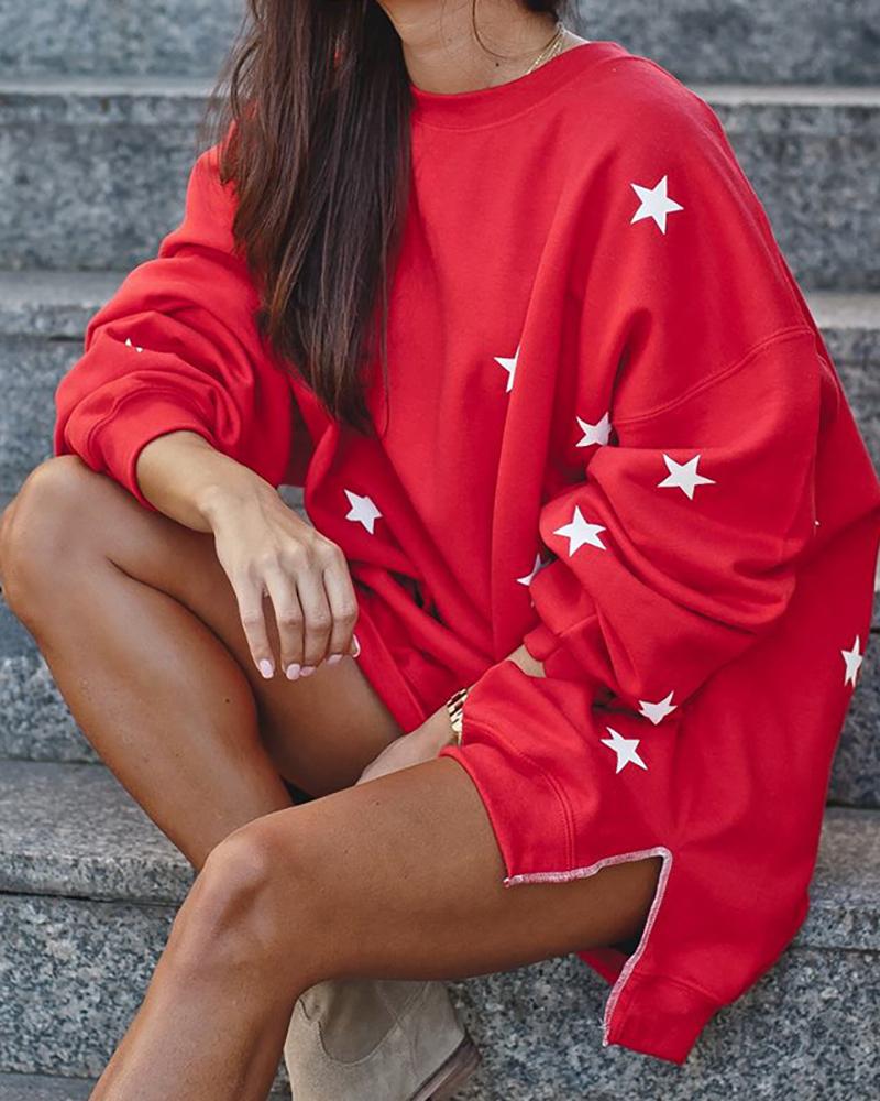 

Star Letter Print Slit Sweatshirt, Red