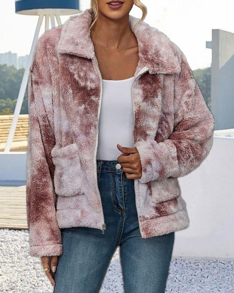 

Tie Dye Print Zip Pocket Design Teddy Coat, Wine red