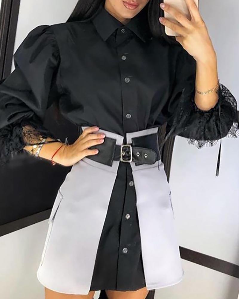 

Lace Trim Puff Sleeve Button Design Shirt Dress, Black