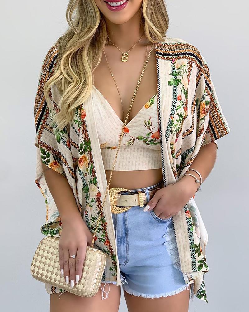 

Floral Print Crop Top & Short Sleeve Cardigan Set, Beige