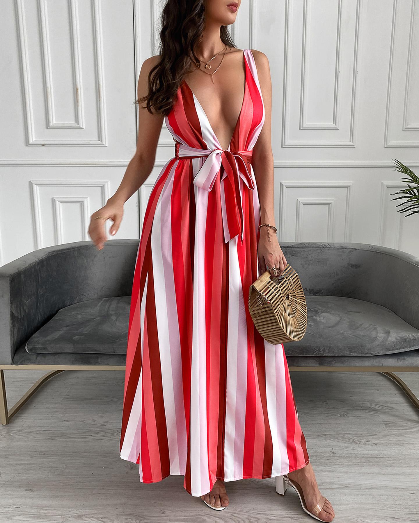 

Color Striped Strap Sleeveless Maxi Dress, Multicolor