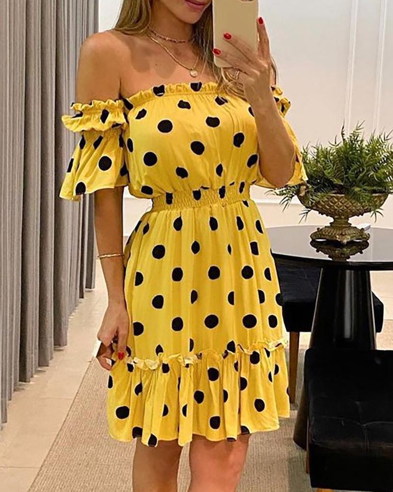 

Off Shoulder Polka Dot Print Ruffle Hem Dress, Yellow