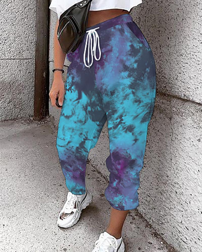 

Tie Dye Print Drawstring Sweatpants, Dark blue