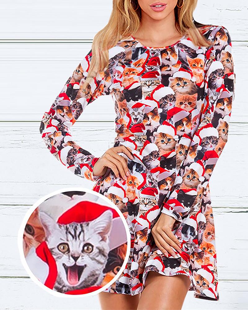 

Christmas Mixed Print Long Sleeve Dress, Red