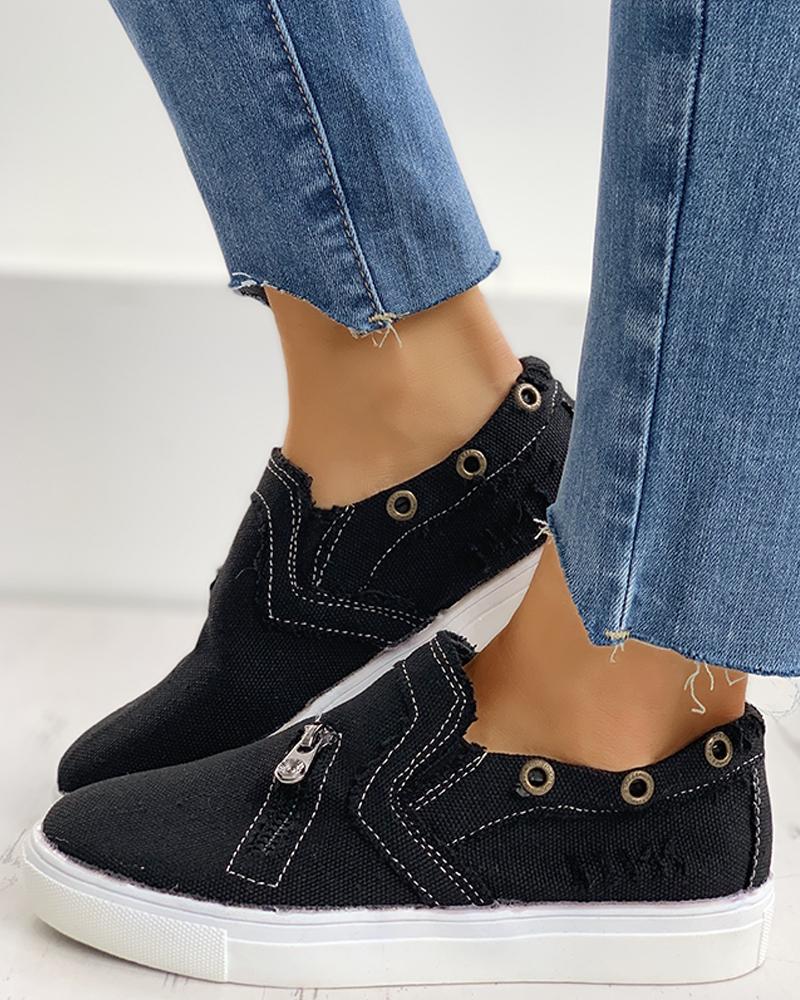 

Eyelet Zipper Design Slip On Sneakers, Black