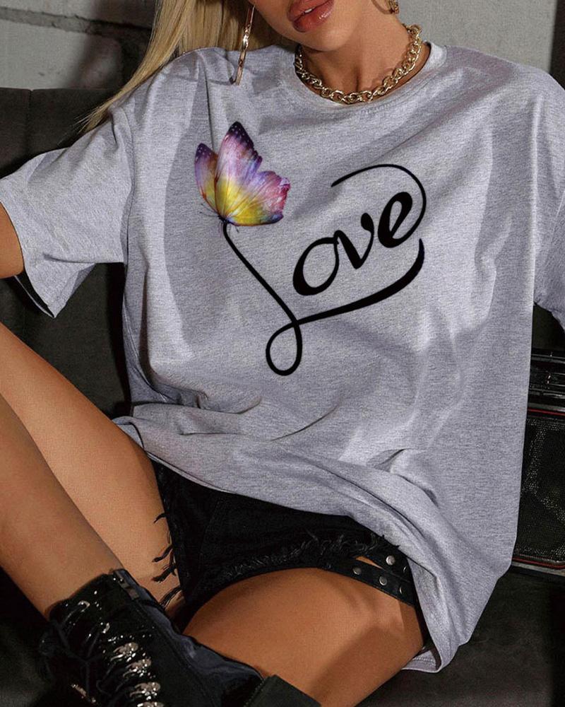 

Butterfly & Love Print Short Sleeve T-shirts, Gray