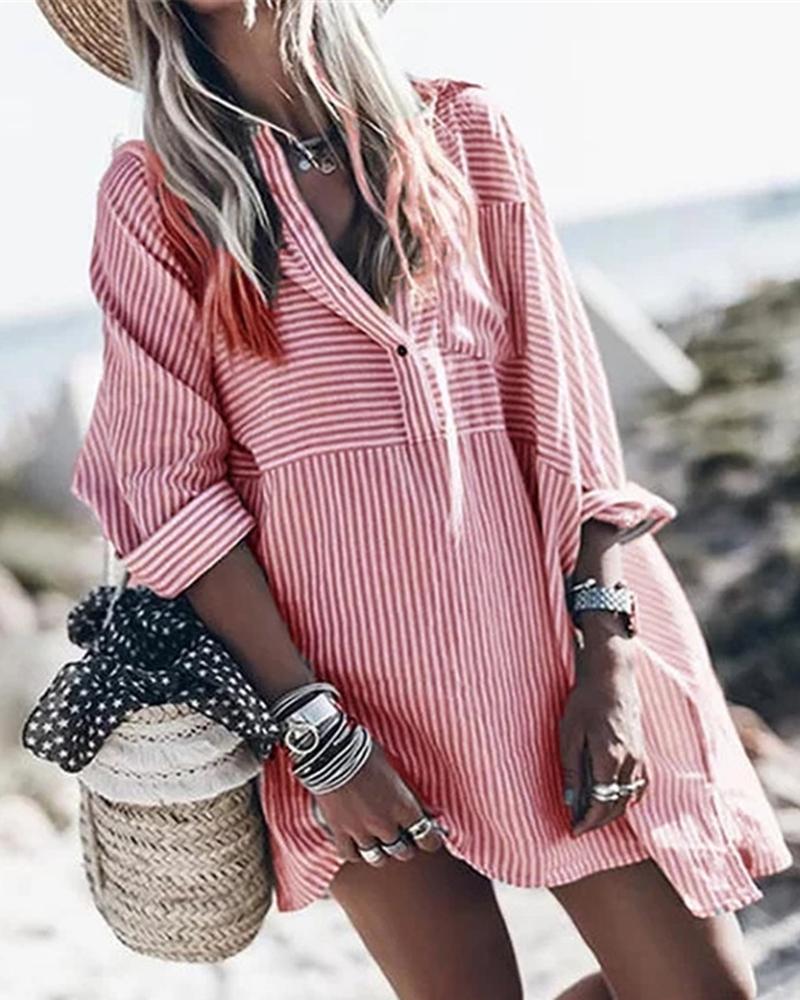 

Stiped Colorblock Button Design Casual Shirt, Red