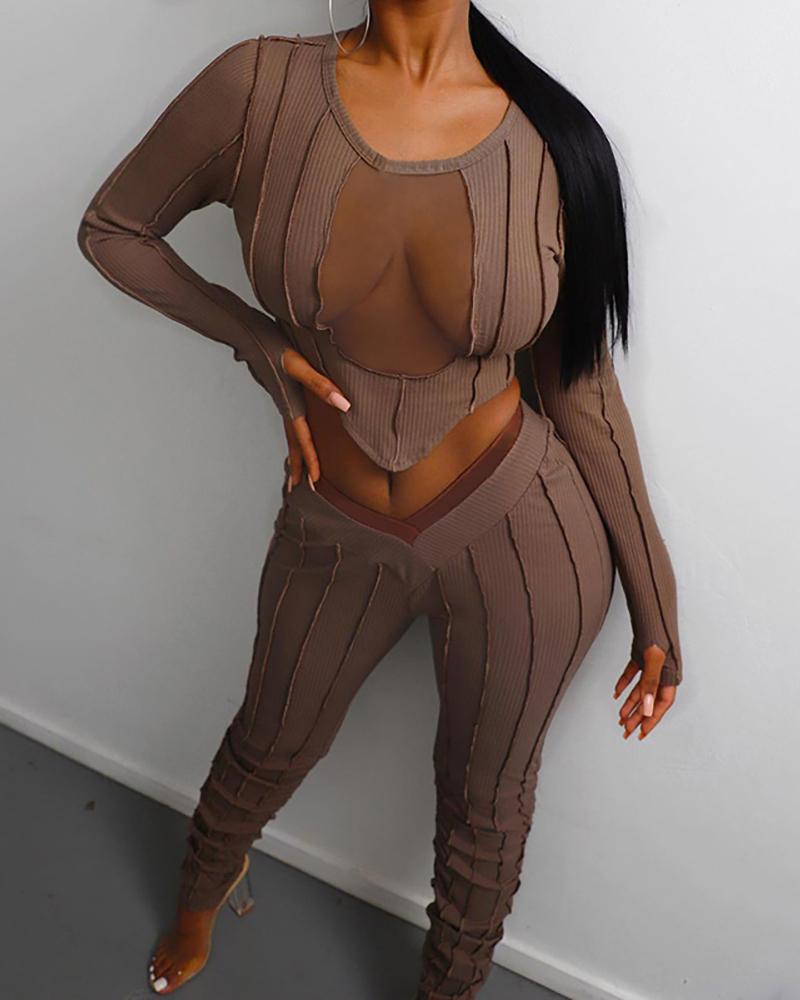 

Sheer Mesh Long Sleeve Top & Pants Set, Brown