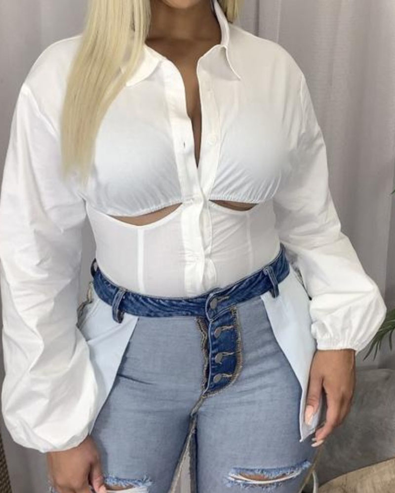 

Plain Lantern Sleeve Button Front Cutout Shirt, White