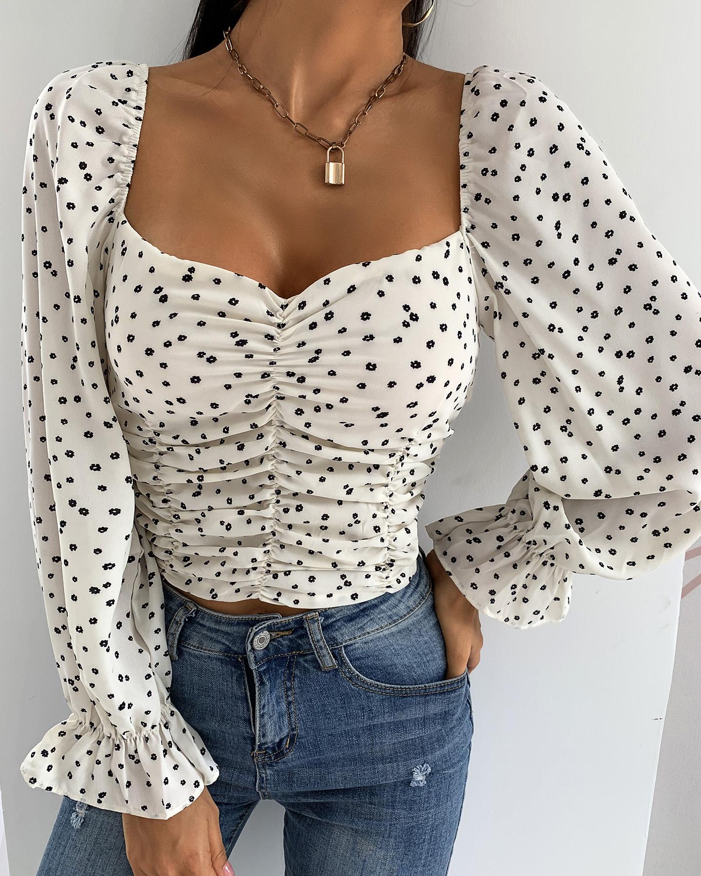 

Flower Print Lantern Sleeve Ruched Top, Apricot